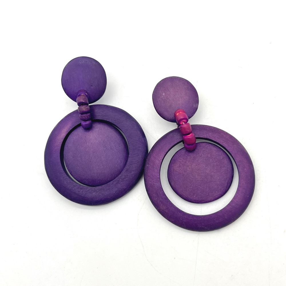Vintage Purple Wood Geometric Drop Earrings Beaded Hoop Statement Jewelry